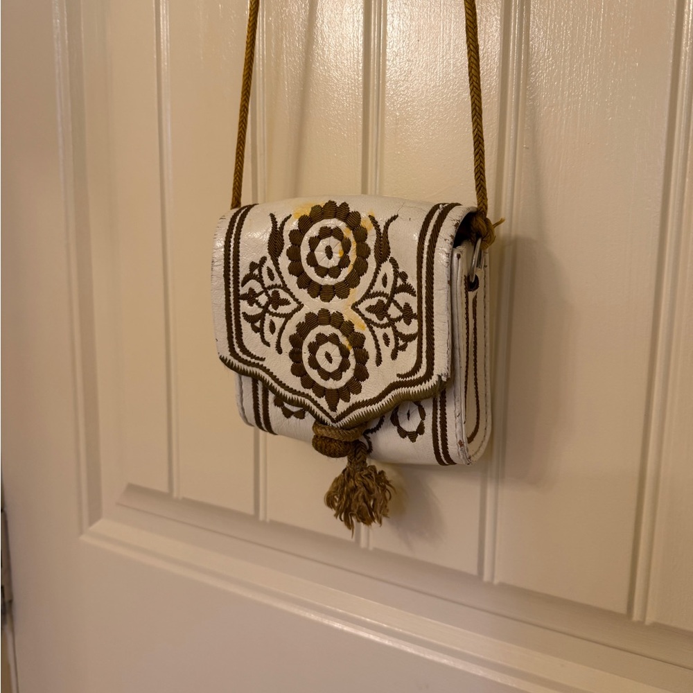 Vintage White and Brown boho Embroidered Crossbody Bag